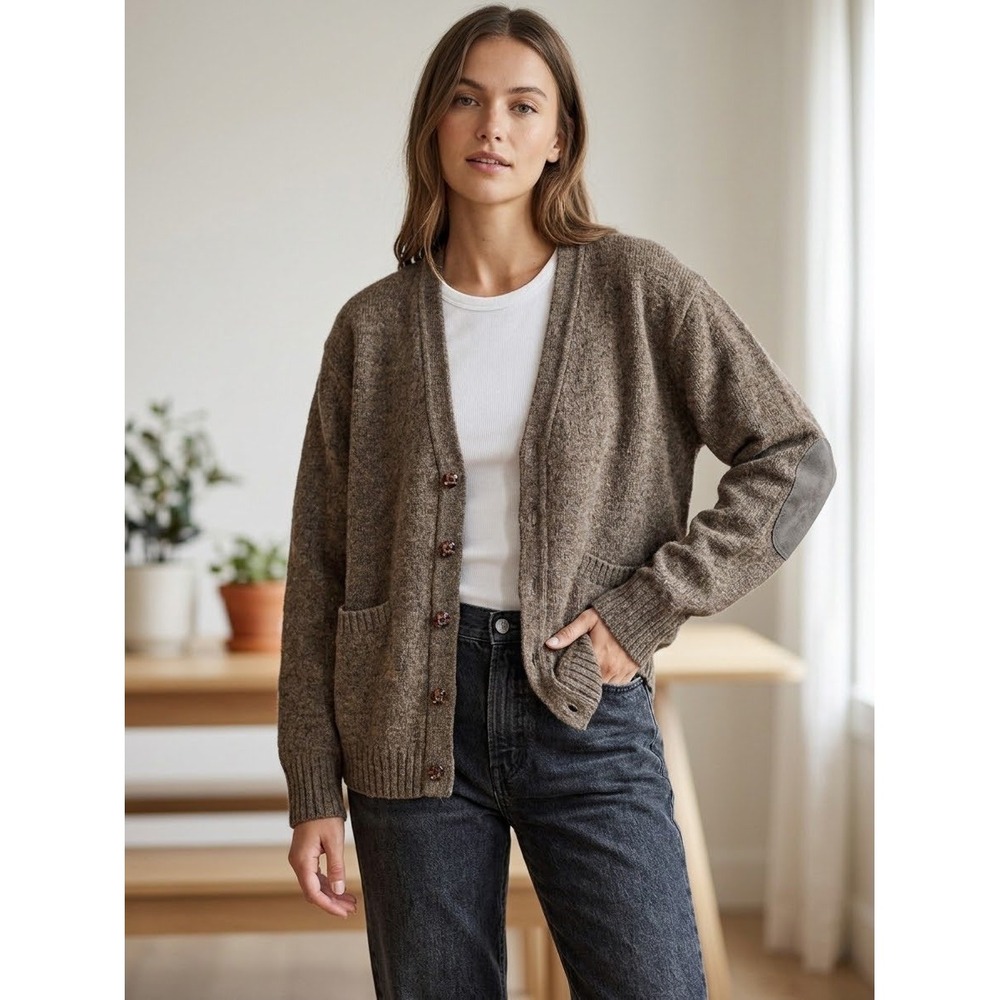 Pendleton Shetland Wool Cardigan Brown Elbow Patch Button Front Sweater Womens L